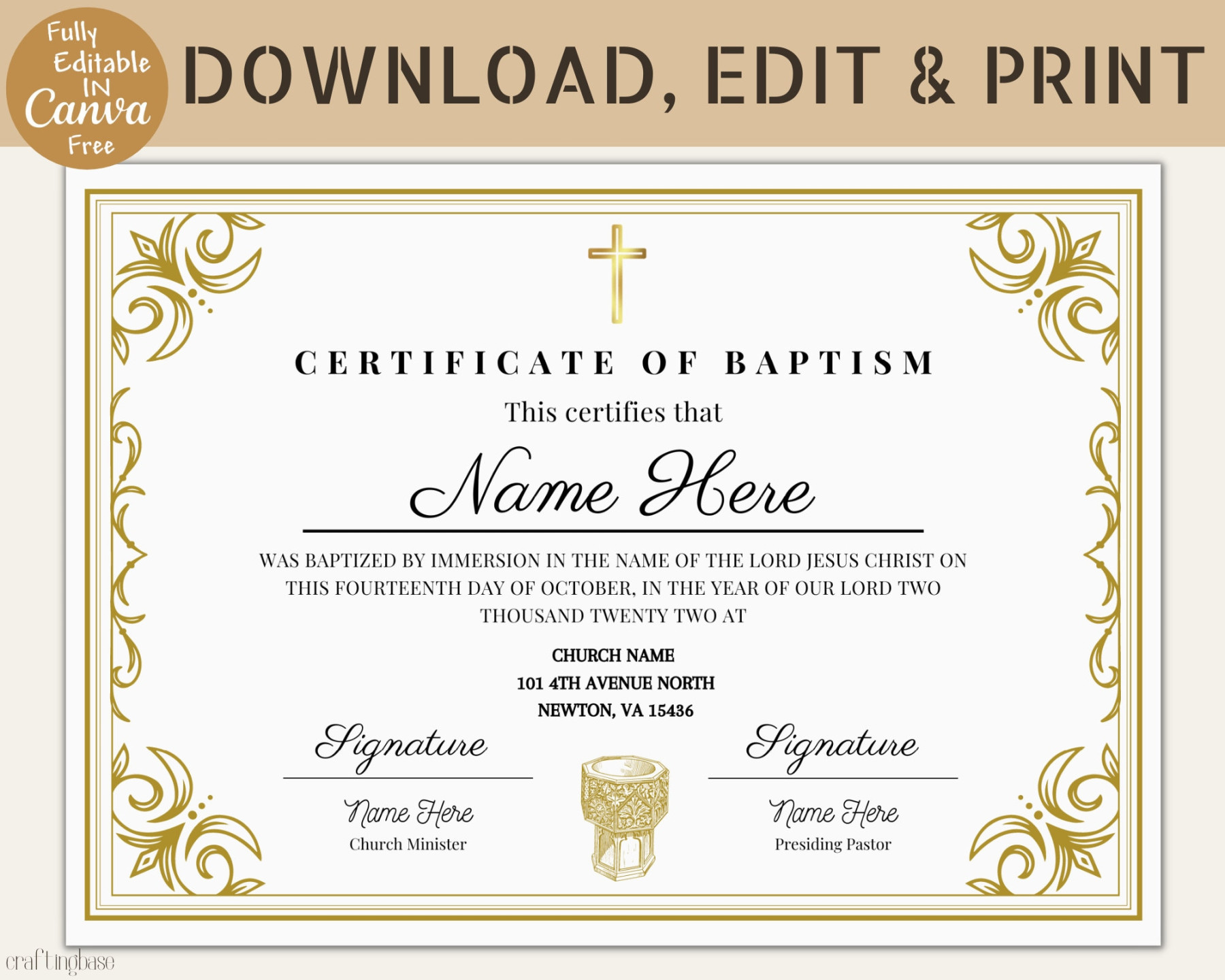 Editable Certificate of Baptism Template, Baptism Certificate