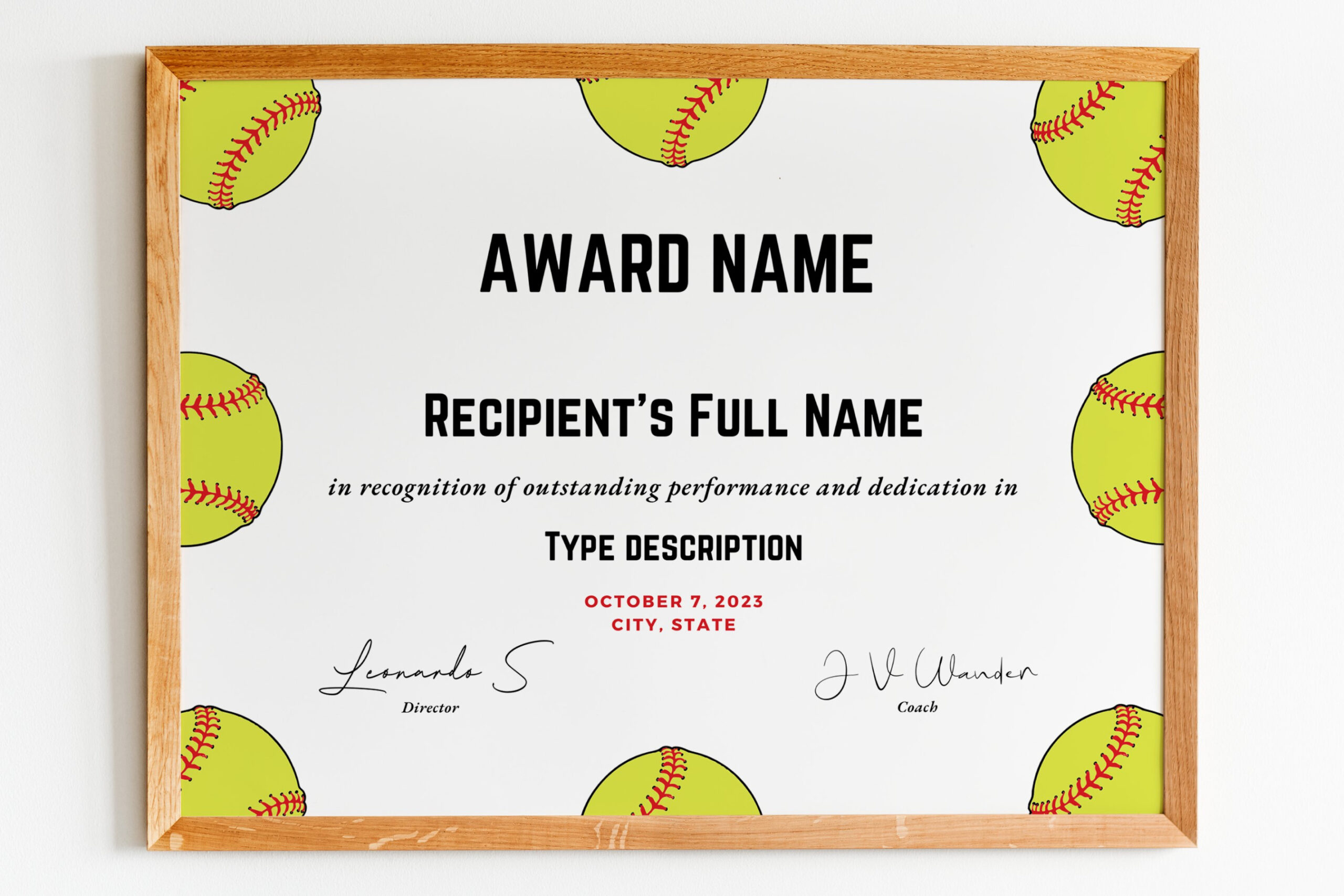 Editable Softball Award Certificate template, printable