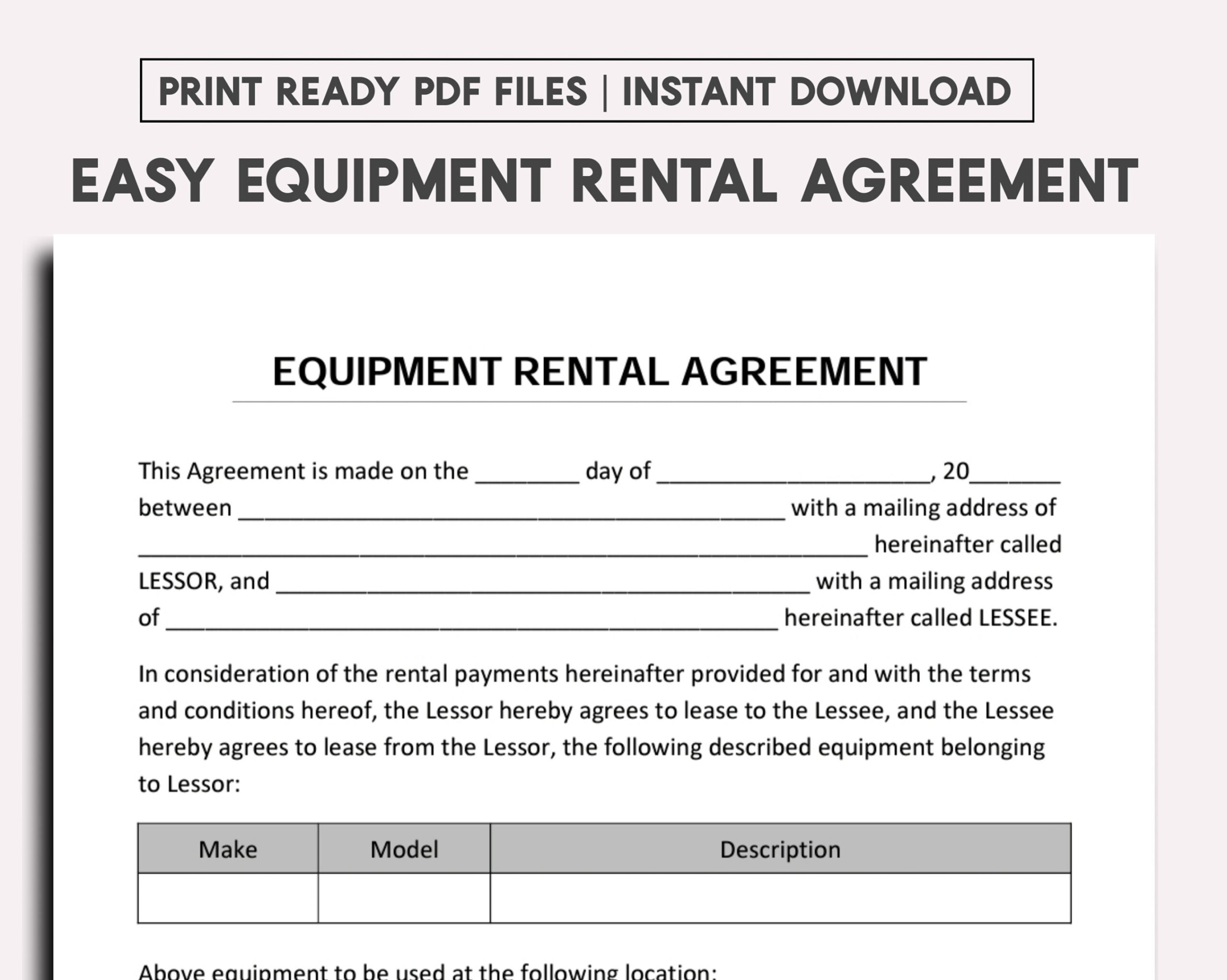 Equipment Rental Agreement Template - Etsy Sweden