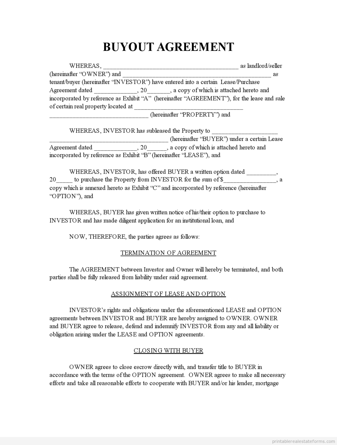 Free Buyout Agreement Template Form - Real Estate (PDF)