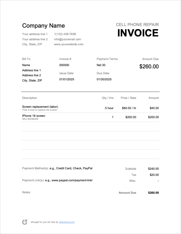 Free Cell Phone Repair Invoice Template  PDF  WORD  EXCEL