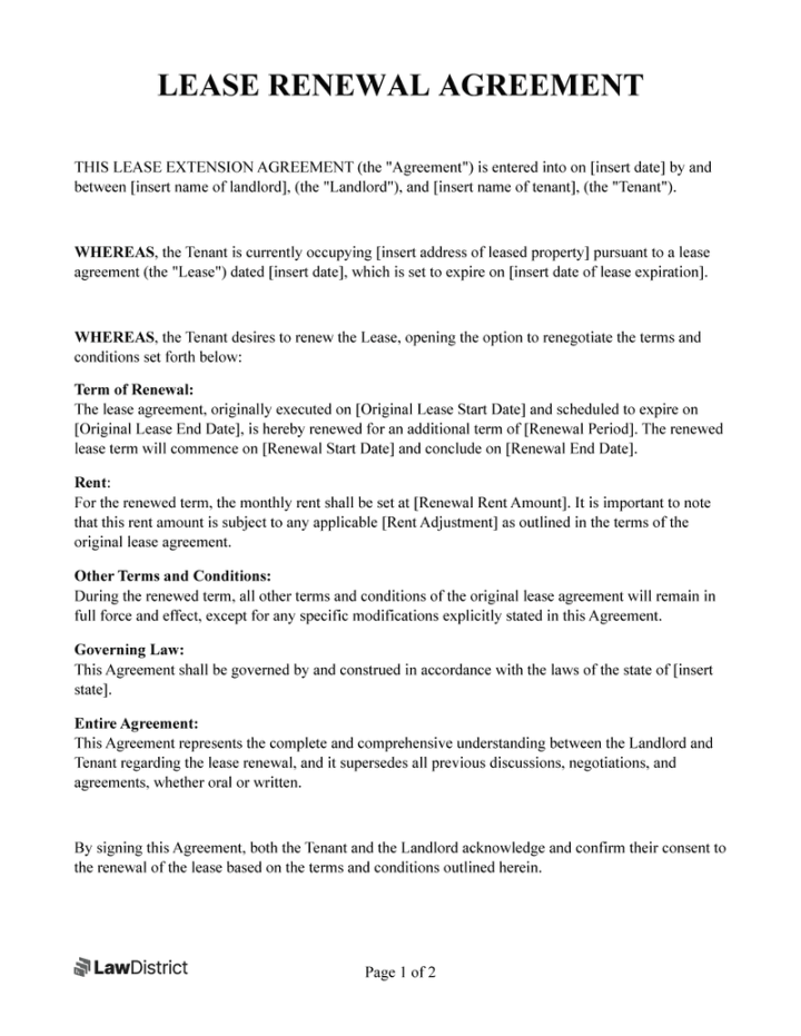 Free Lease Renewal Agreement  PDF & Word  LawDistrict