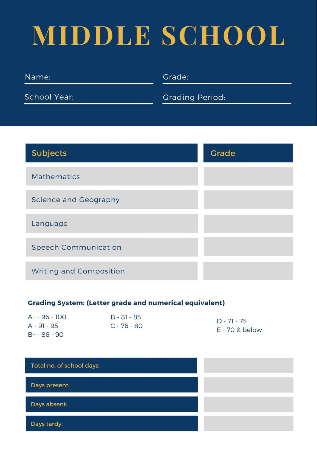 Free printable middle school report card templates  Canva