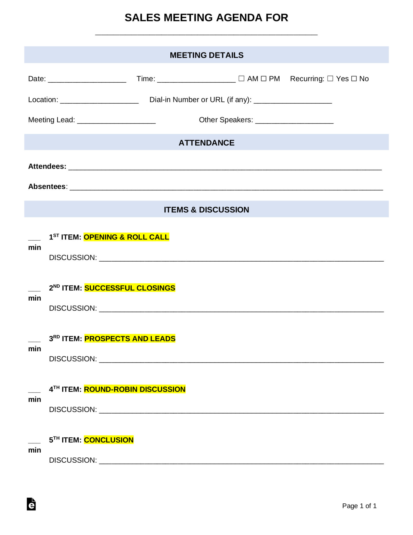 Free Sales Meeting Agenda Template - PDF  Word – eForms