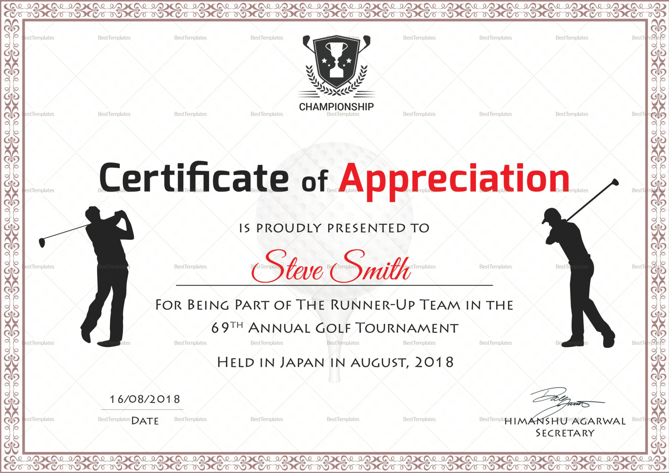 Golf Appreciation Certificate Design Template in PSD, Word