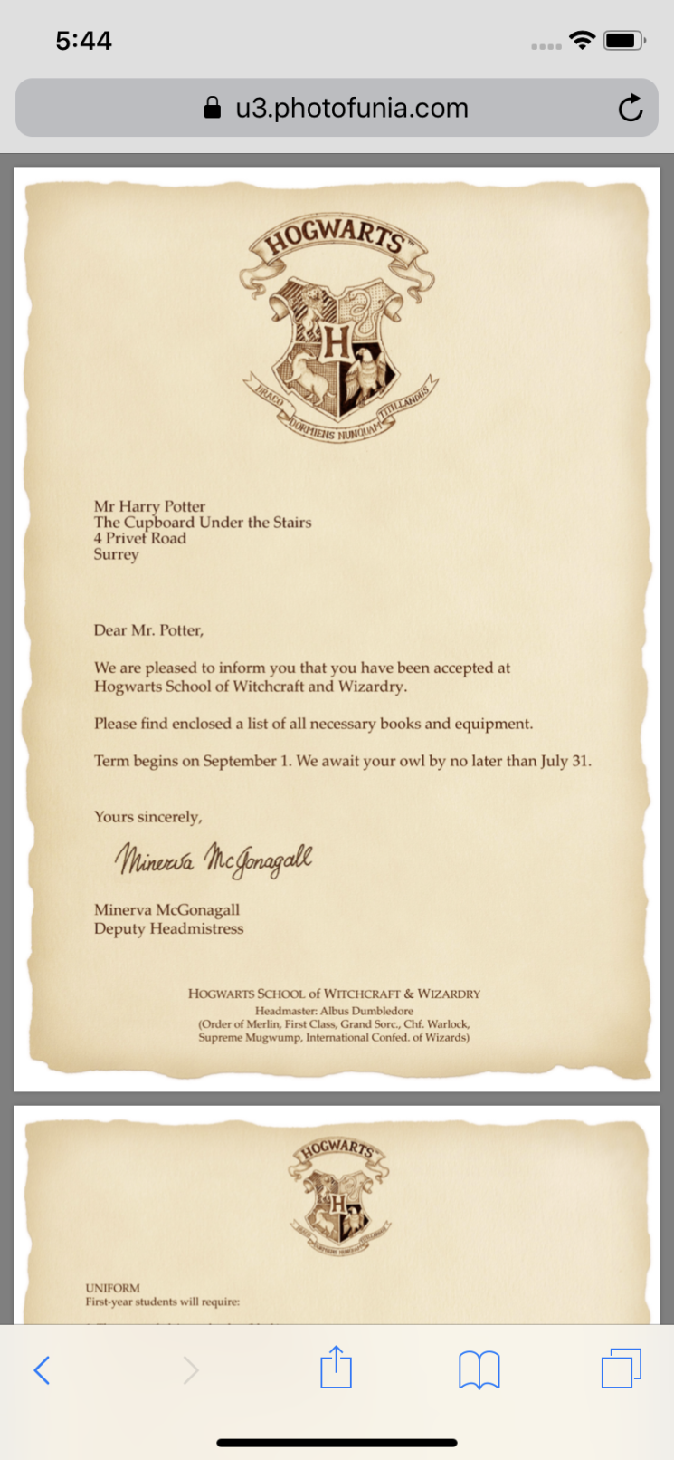 Harry Potter Hogwarts acceptance letter