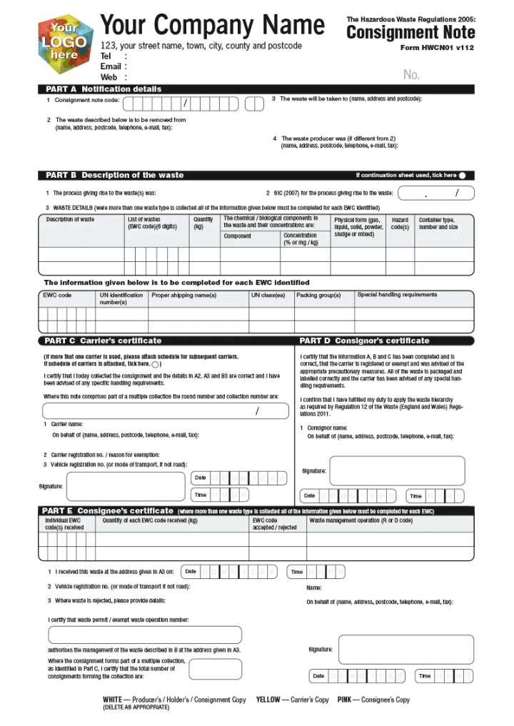 HAZARDOUS WASTE Template for Carbonless print from £