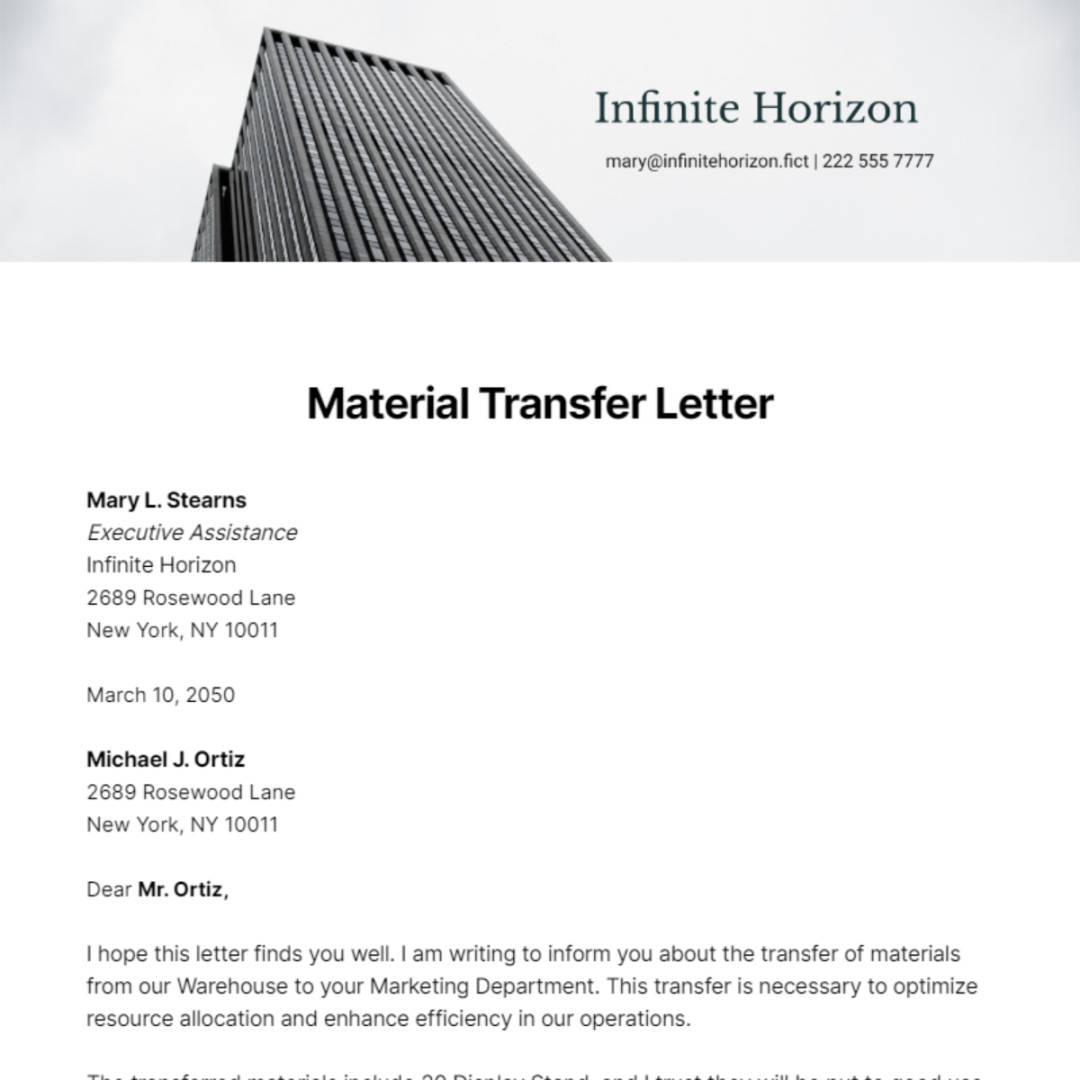 Material Transfer Letter Template - Edit Online & Download Example