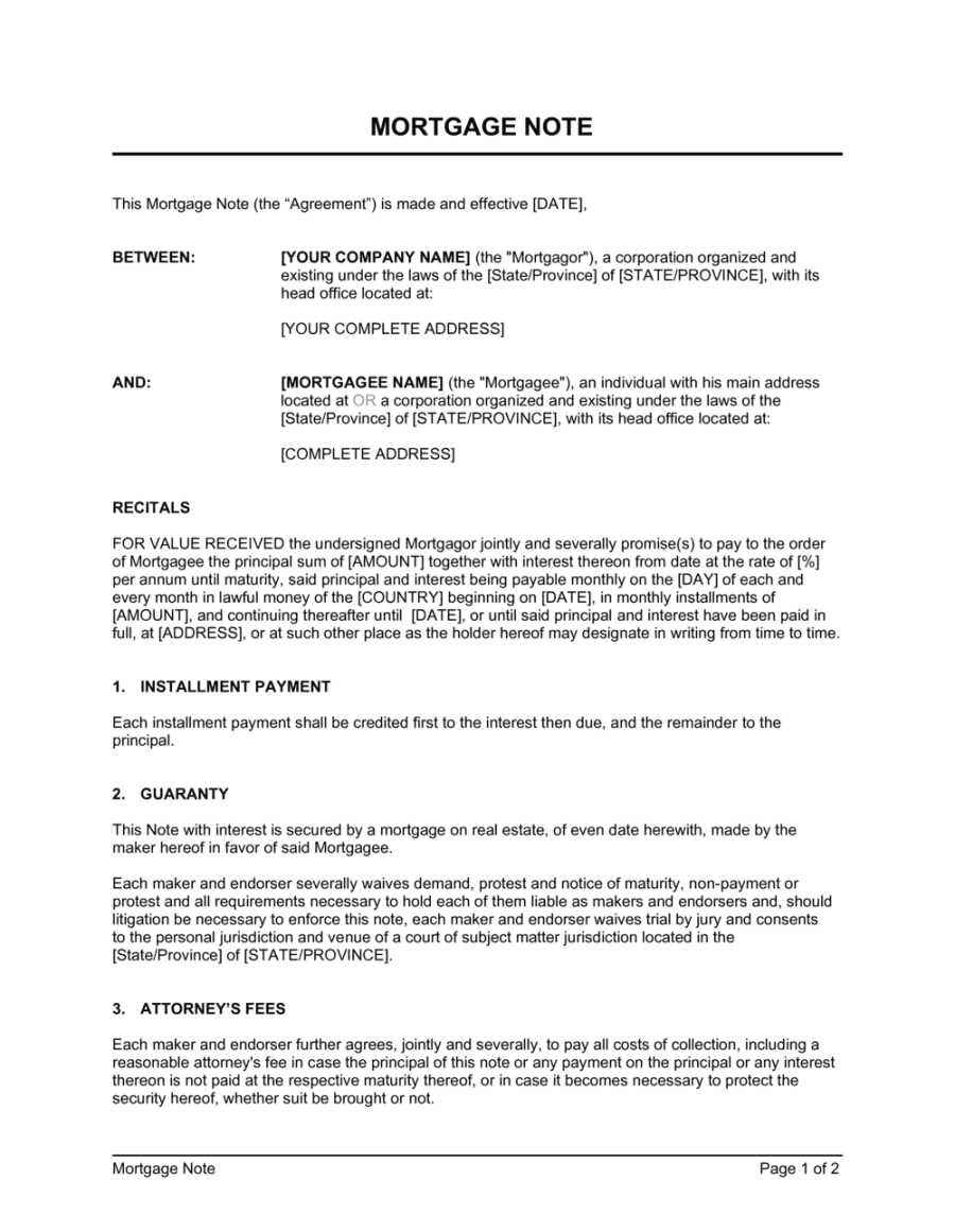 Mortgage Note Template  [Download