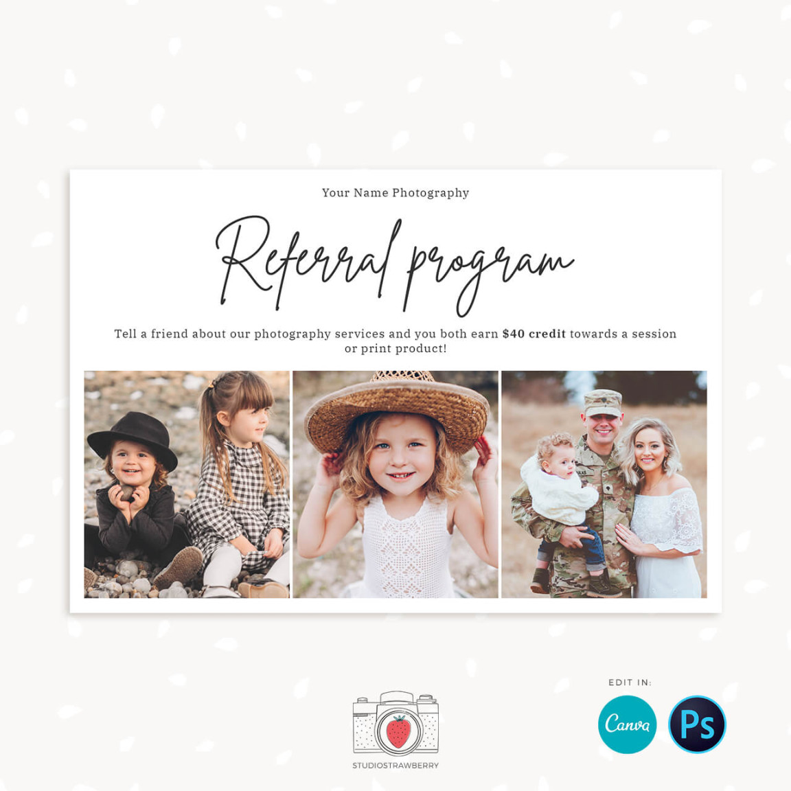 Photographer Referral card template for Canva & Photoshop