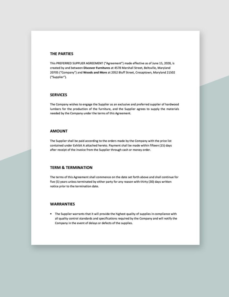 Preferred Supplier Agreement Template in Word, Google Docs, Pages