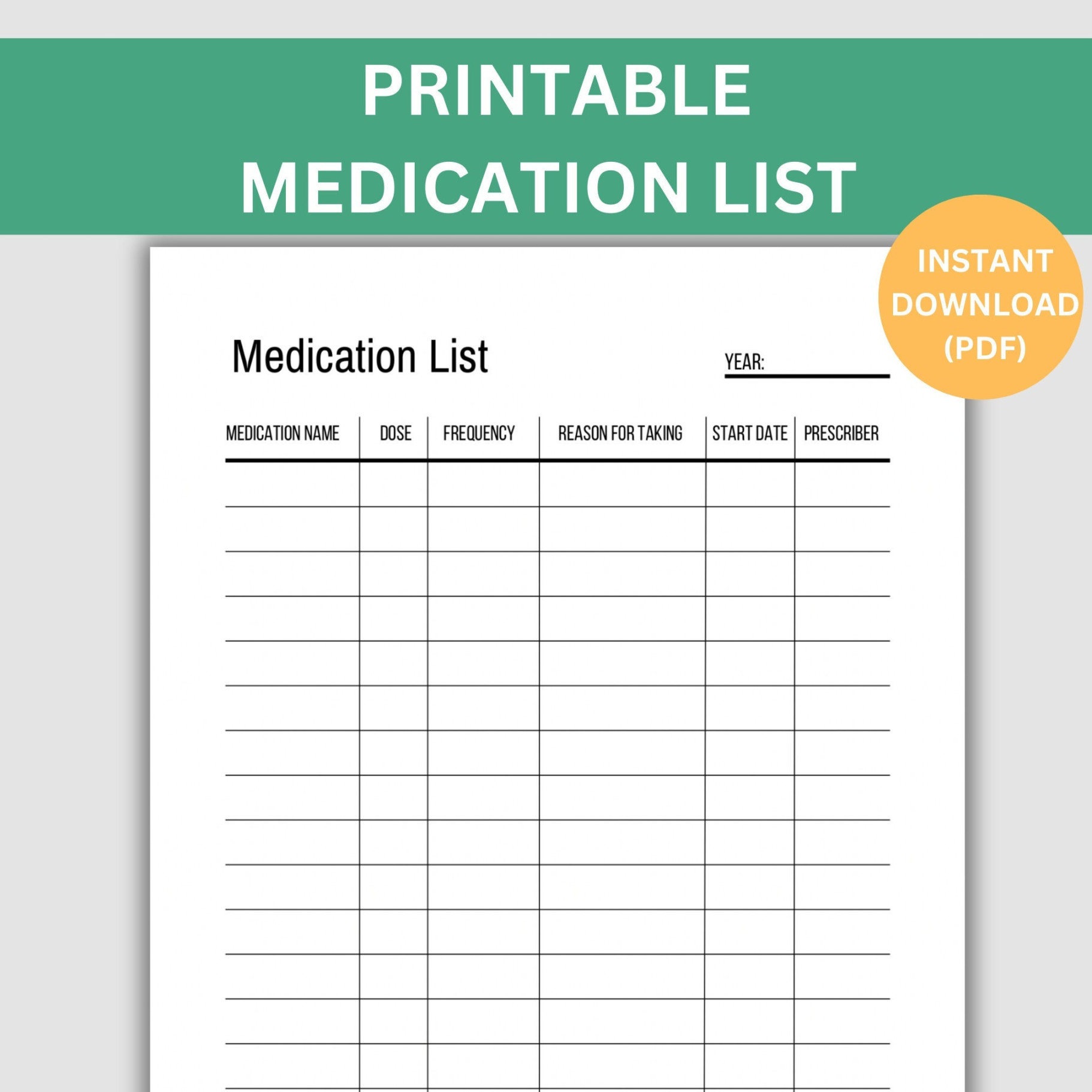 Printable Medication List Template, Track Medications, Instant