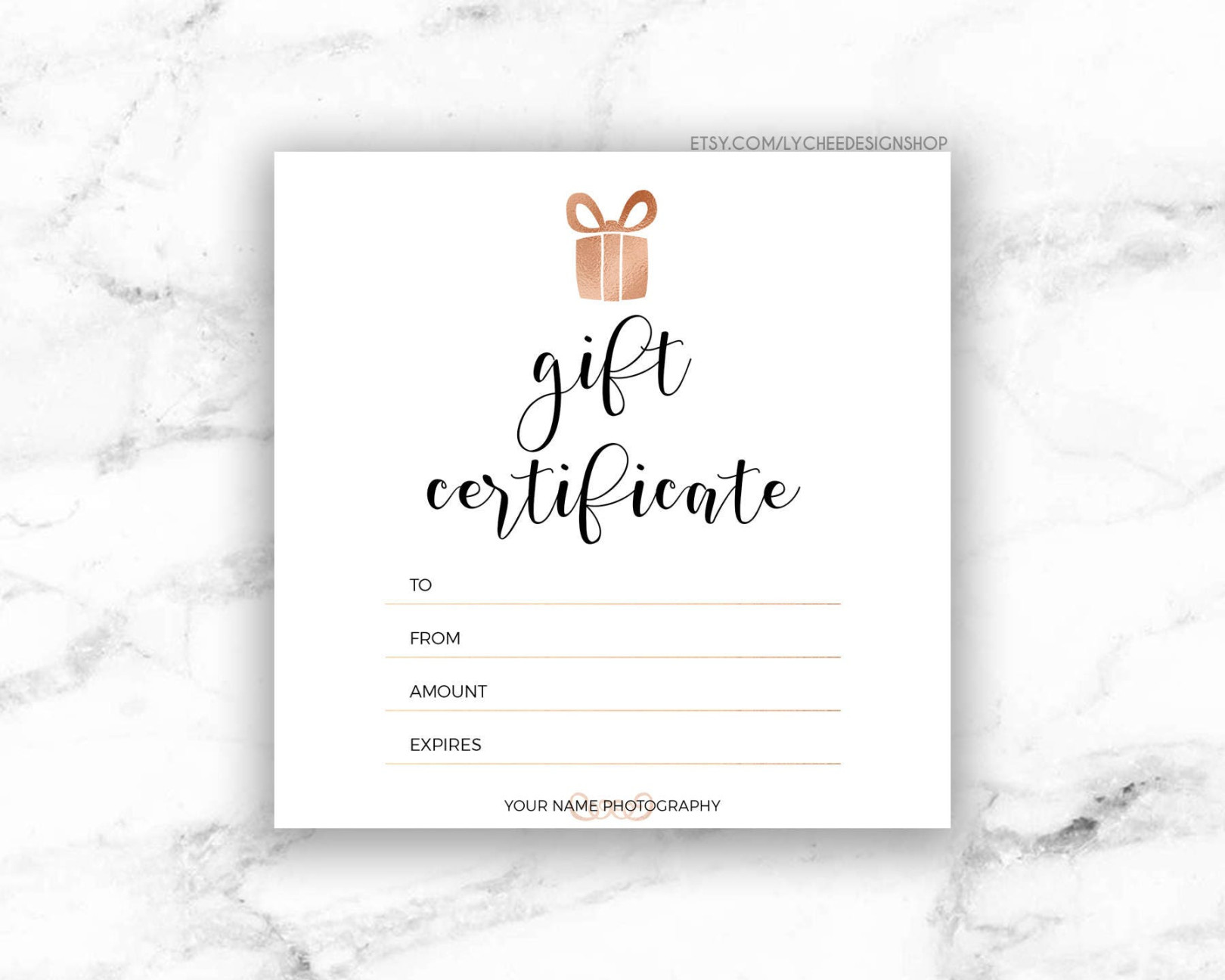 Printable Rose Gold Gift Certificate Template Editable Photography