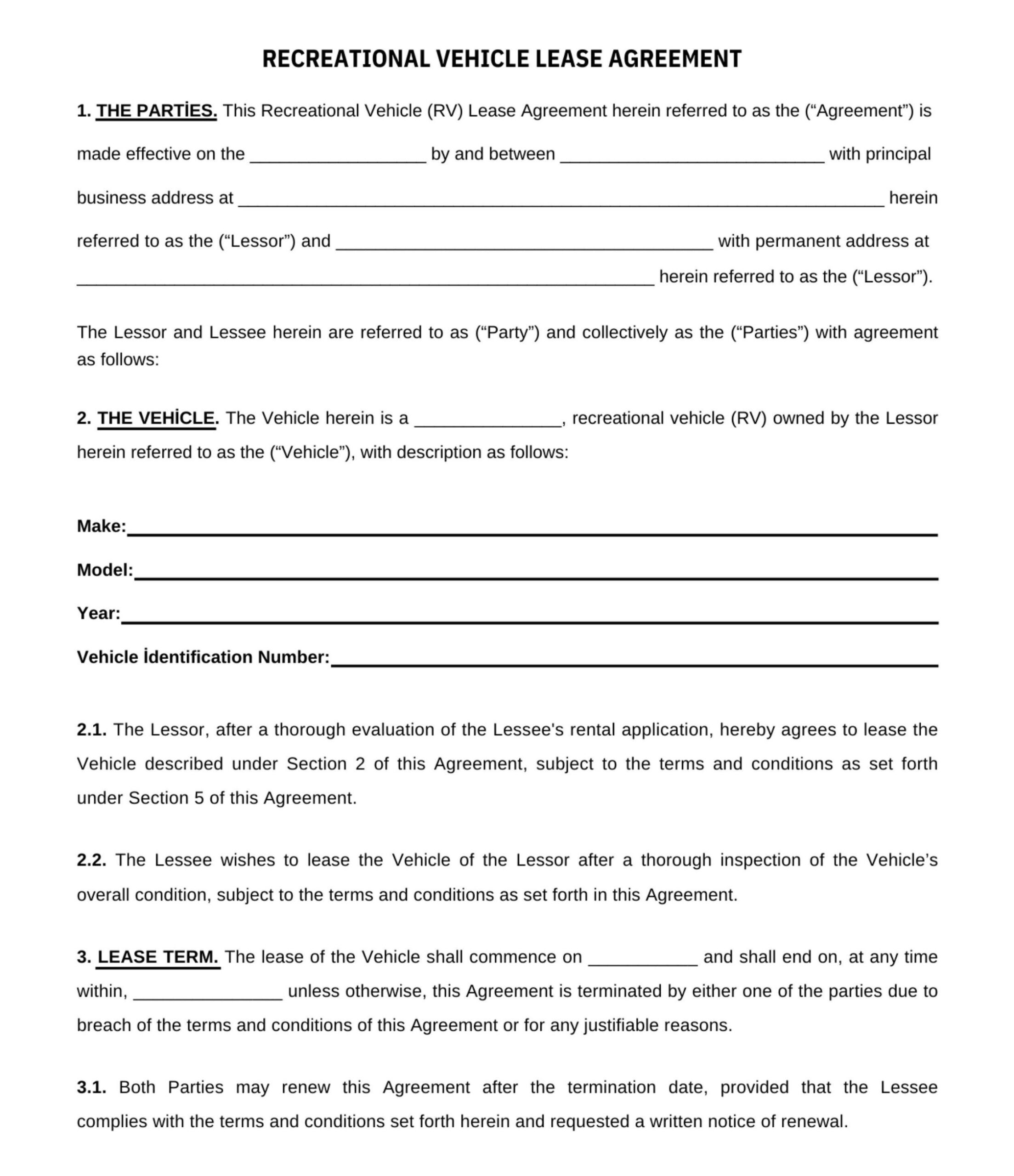 Printable RV Rental Agreement, Short Term Rental RV Camper PDF