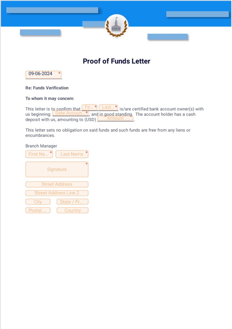 Proof of Funds Letter - PDF Templates  Jotform