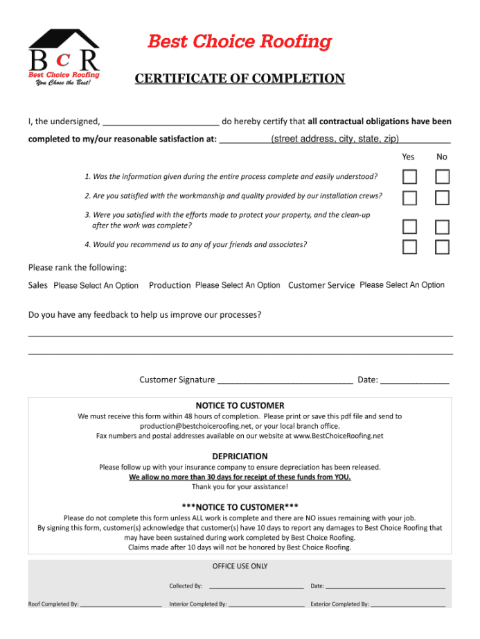 Roofing Certificate Of Completion - Fill Online, Printable