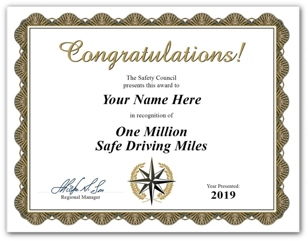 Safe Driving Million Miles Certificate - Truck Tractor Trailer