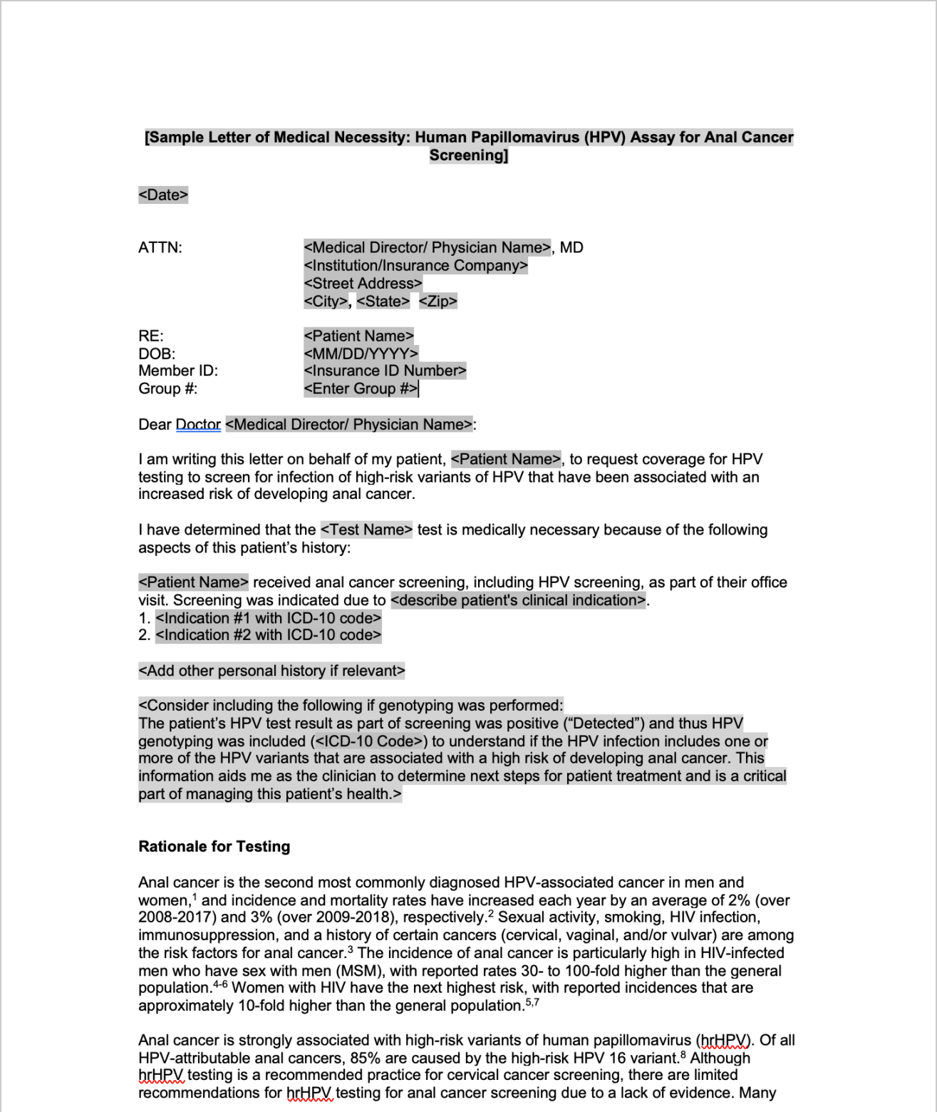 Sample Letter of Medical Necessity: Human Papillomavirus (HPV