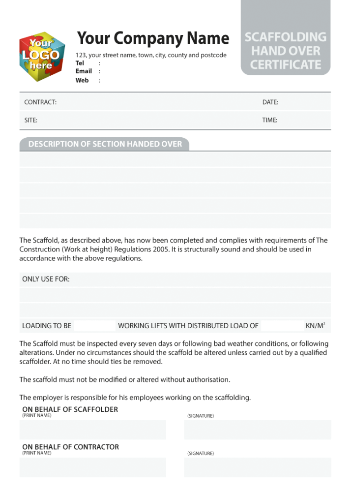 SCAFFOLDING Hand Over Certificate printed from £