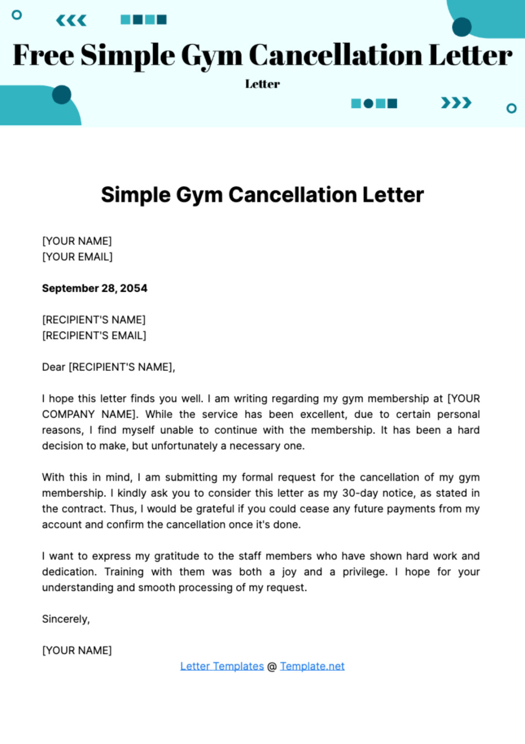 Simple Gym Cancellation Letter Template - Edit Online & Download