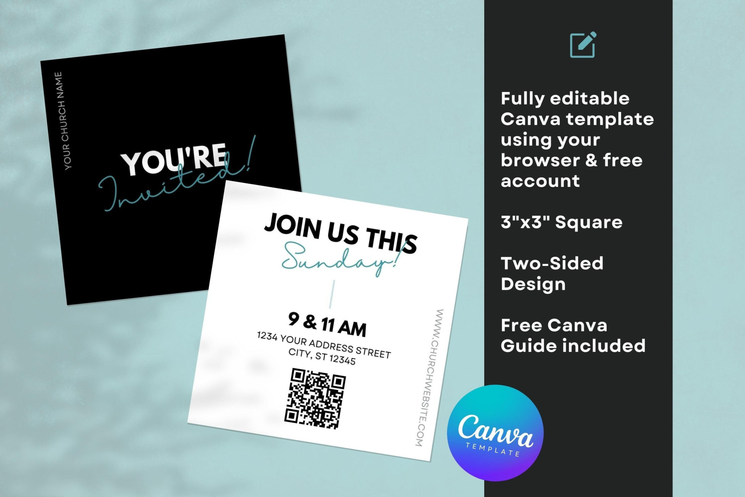 Square Church Invitation Canva Template, Sunday Invitation Card