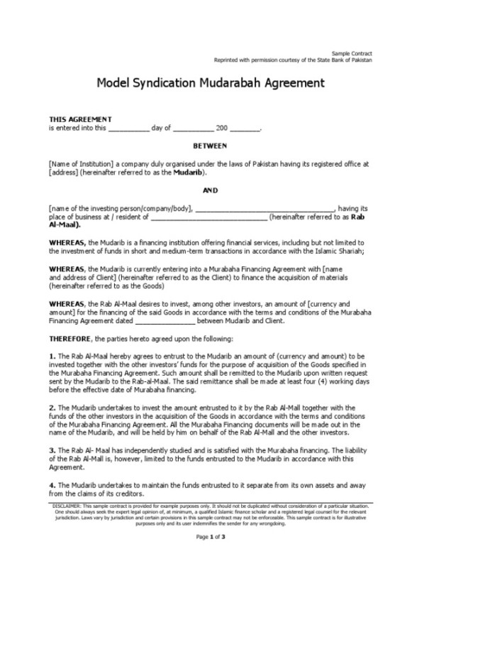 Syndication Mudarabah Agreement  PDF  Islamic Banking And