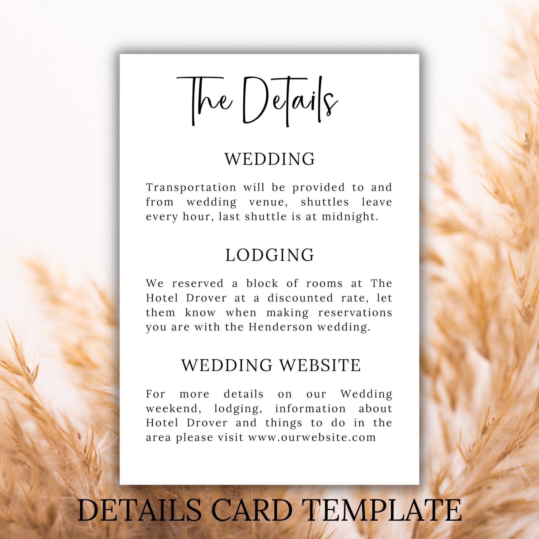 Wedding Details Card Guest Instructions Card Hotel Details Card