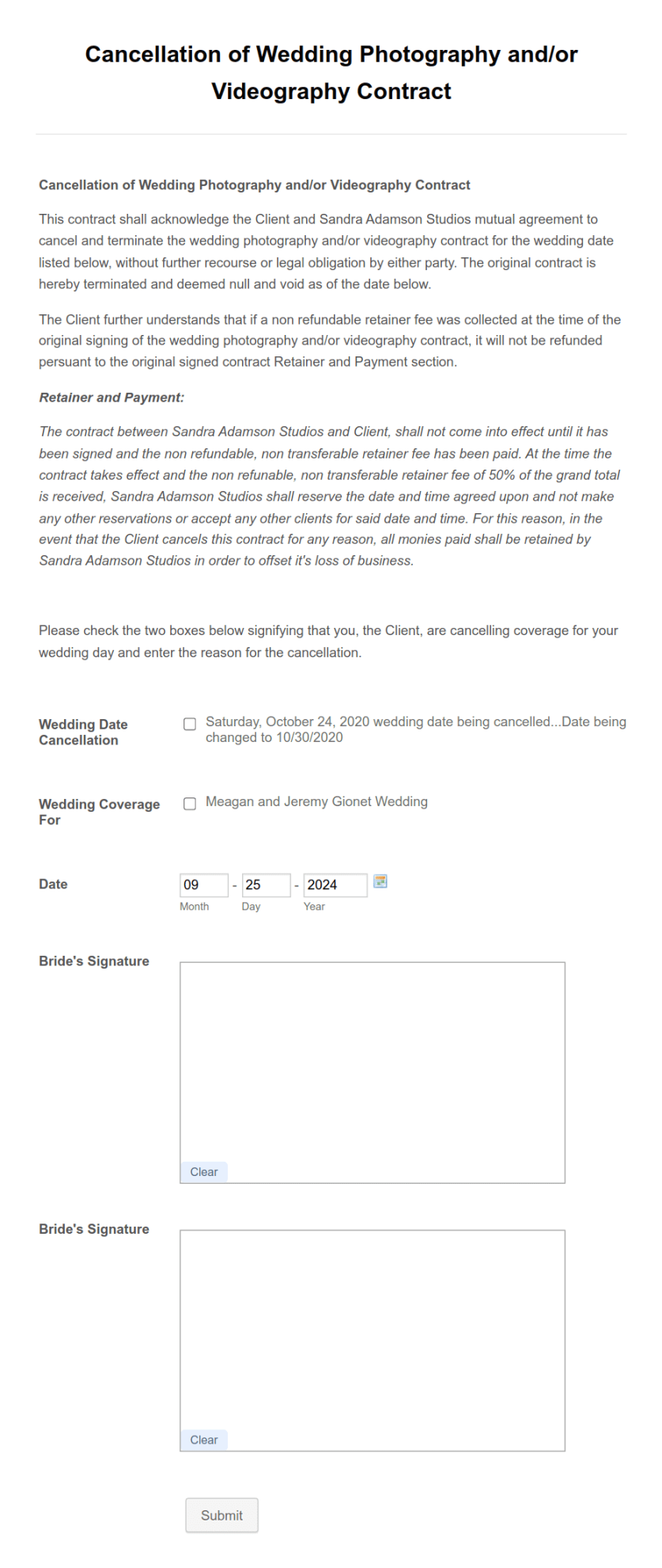 Wedding Photography Contract Cancellation Form Template  Jotform