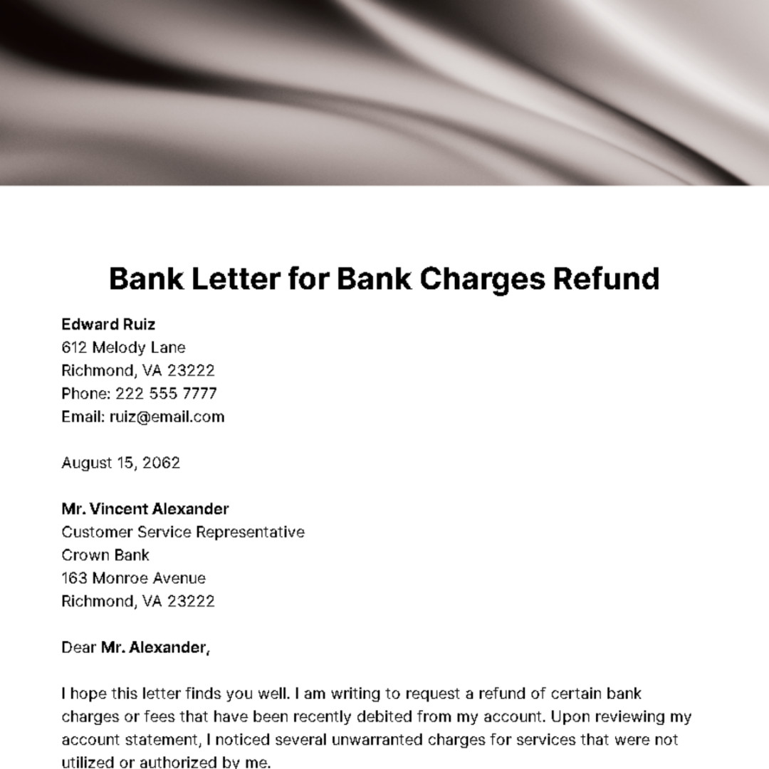 Bank Letter for Bank Charges Refund Template - Edit Online