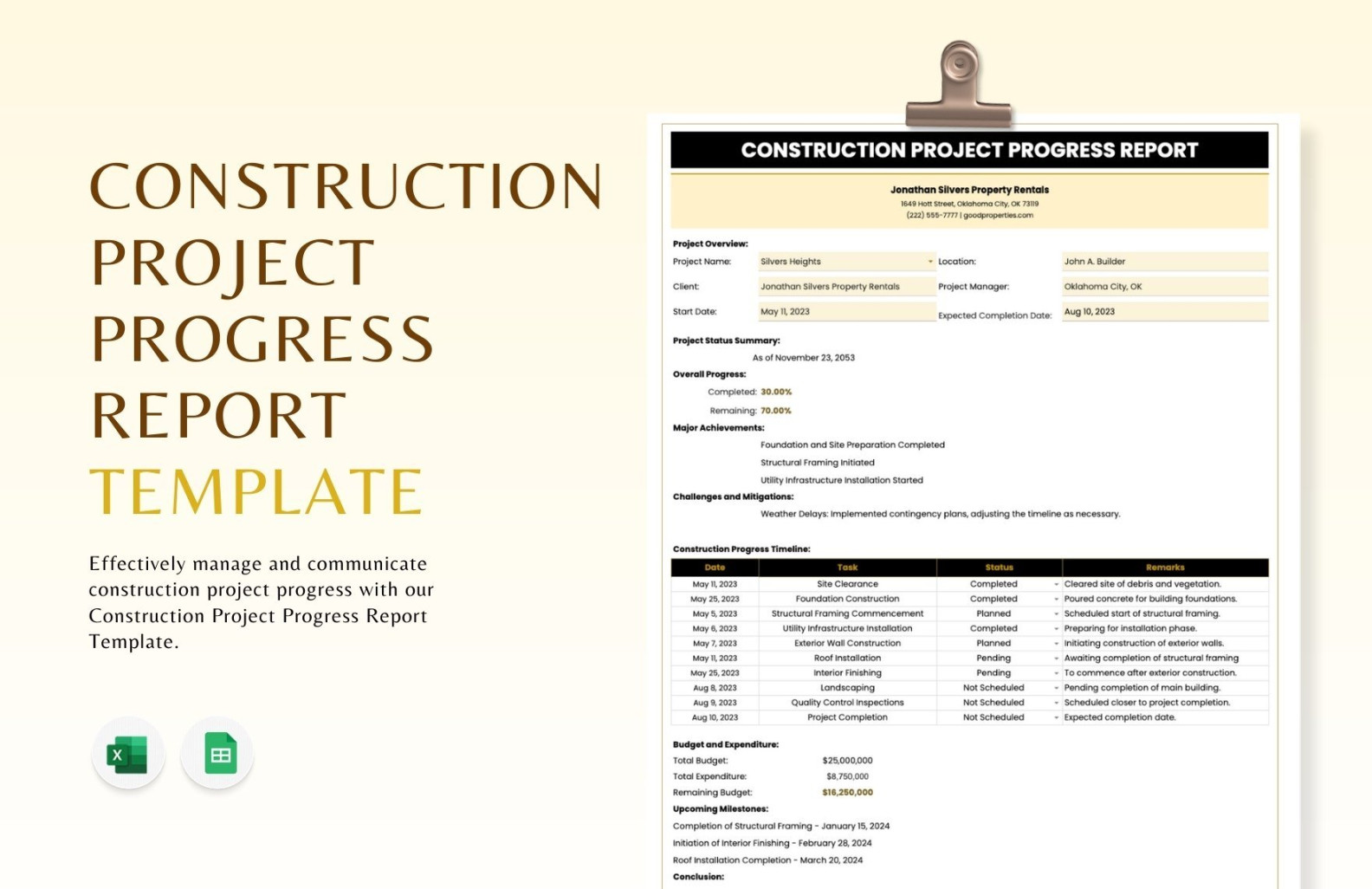 Construction Project Progress Report Template in MS Excel, Google