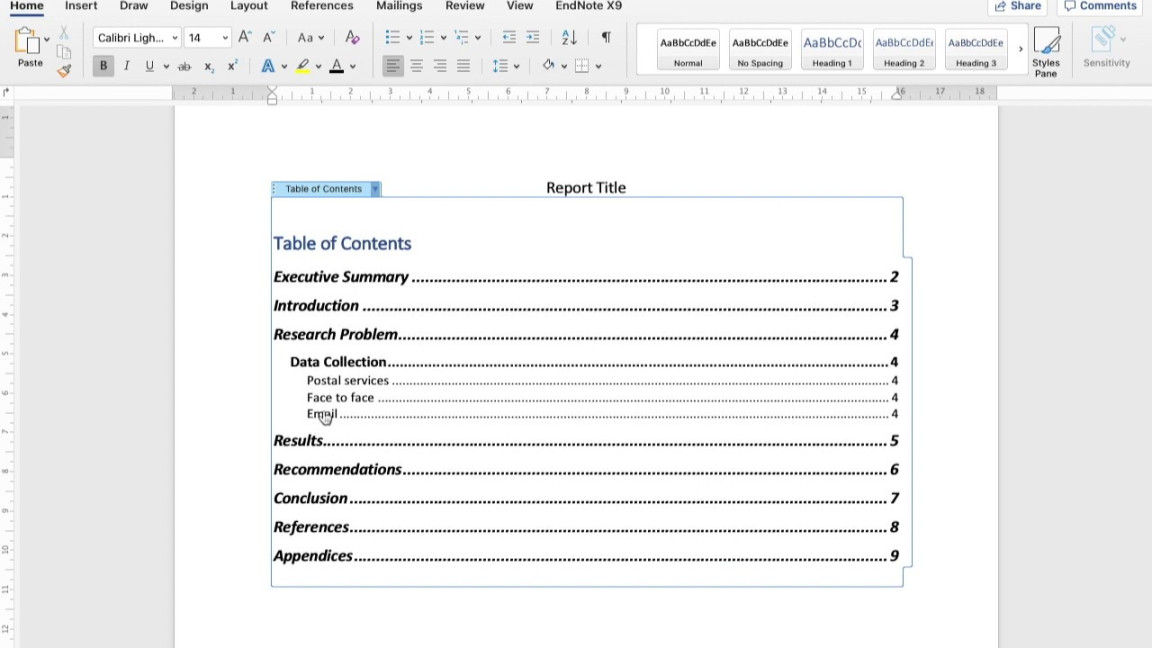 Creating Report Template in Word Format complete with table of contents