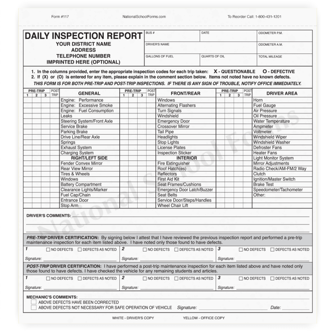 Daily Inspection Report with Pre and Post Trip