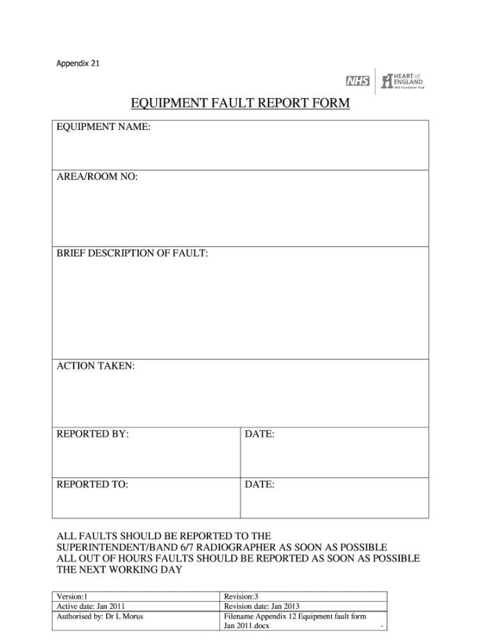 Equipment Fault Report Form - Professional Sample Templates Ideas