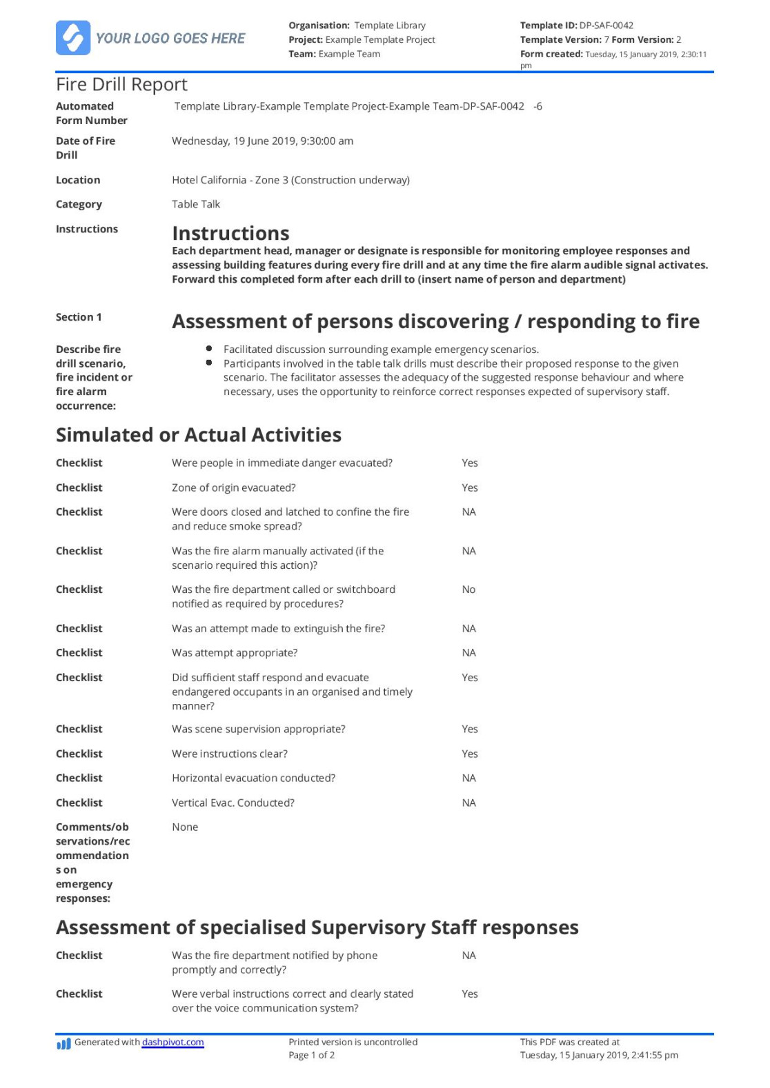 Fire Drill Report Template & Sample: Smarter Than Word