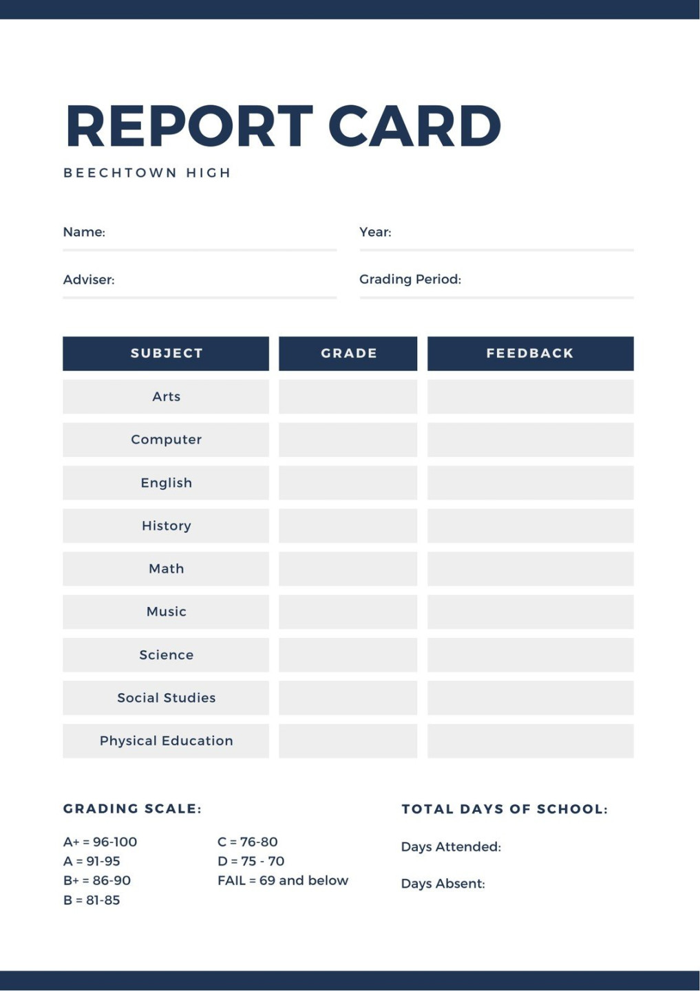 Free and printable high school report card templates  Canva