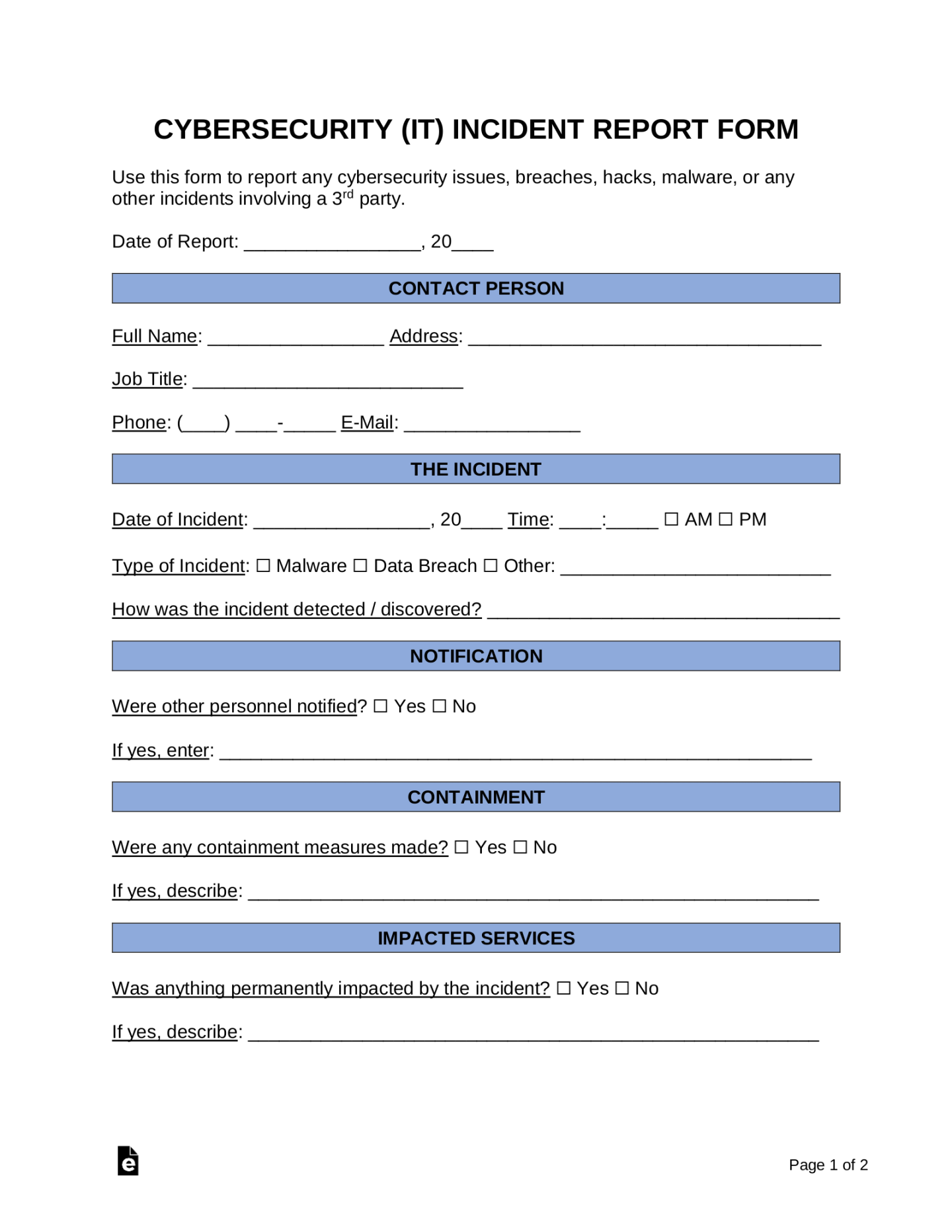 Free Cybersecurity (IT) Incident Report Template - PDF  Word – eForms