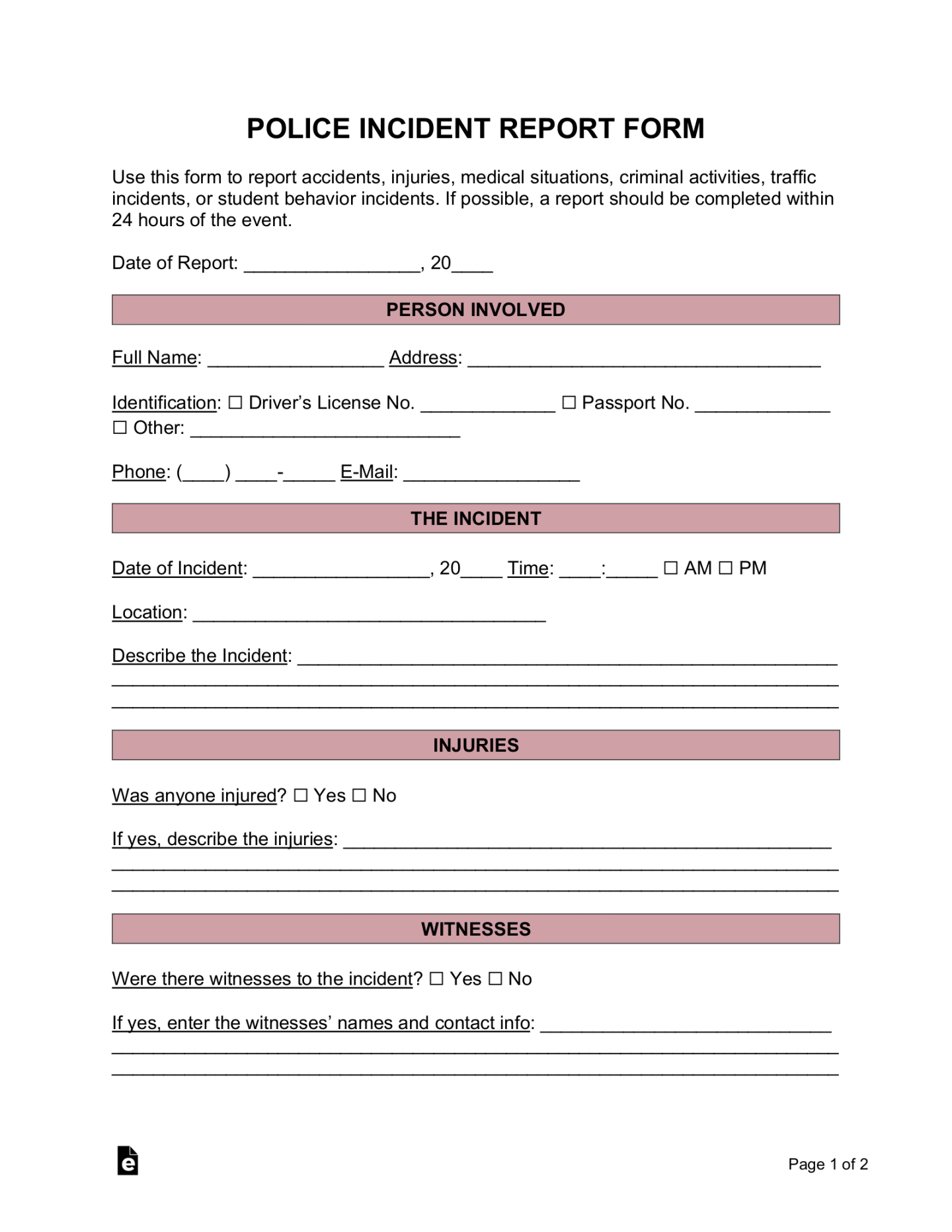 Free Police Incident Report Form - PDF  Word – eForms