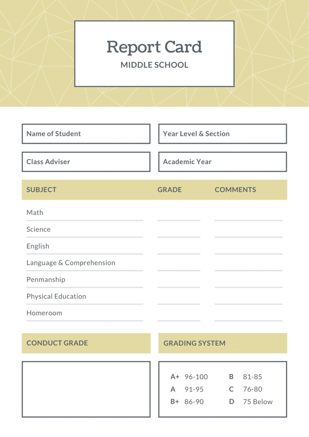 Free printable middle school report card templates  Canva