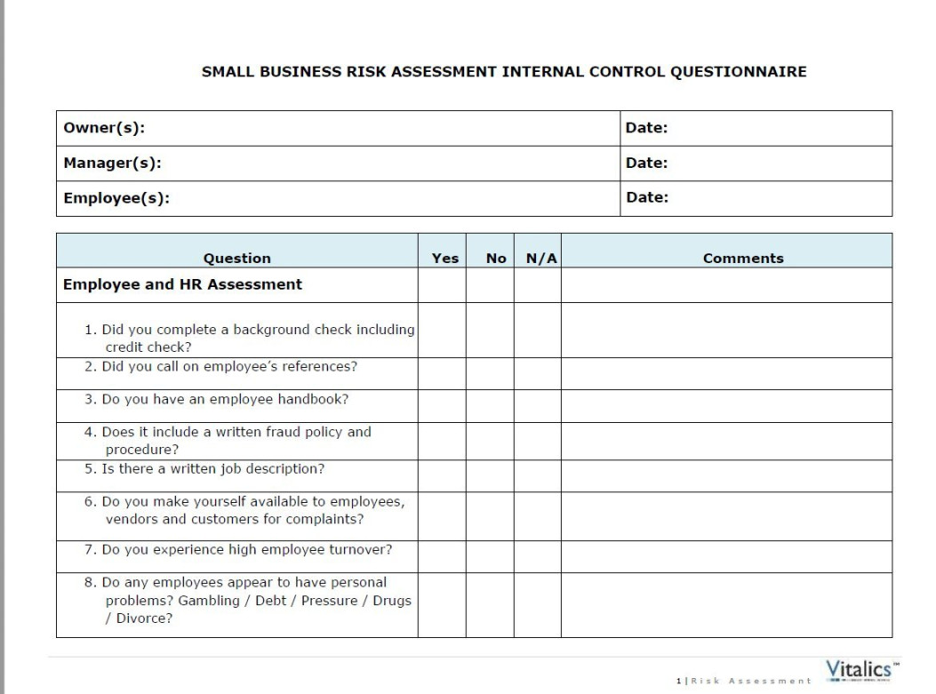 Internal Control Template  Business Risk Assessment Checklist