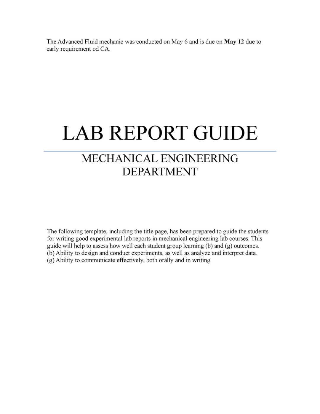 Lab Report Template - The Advanced Fluid mechanic was conducted on