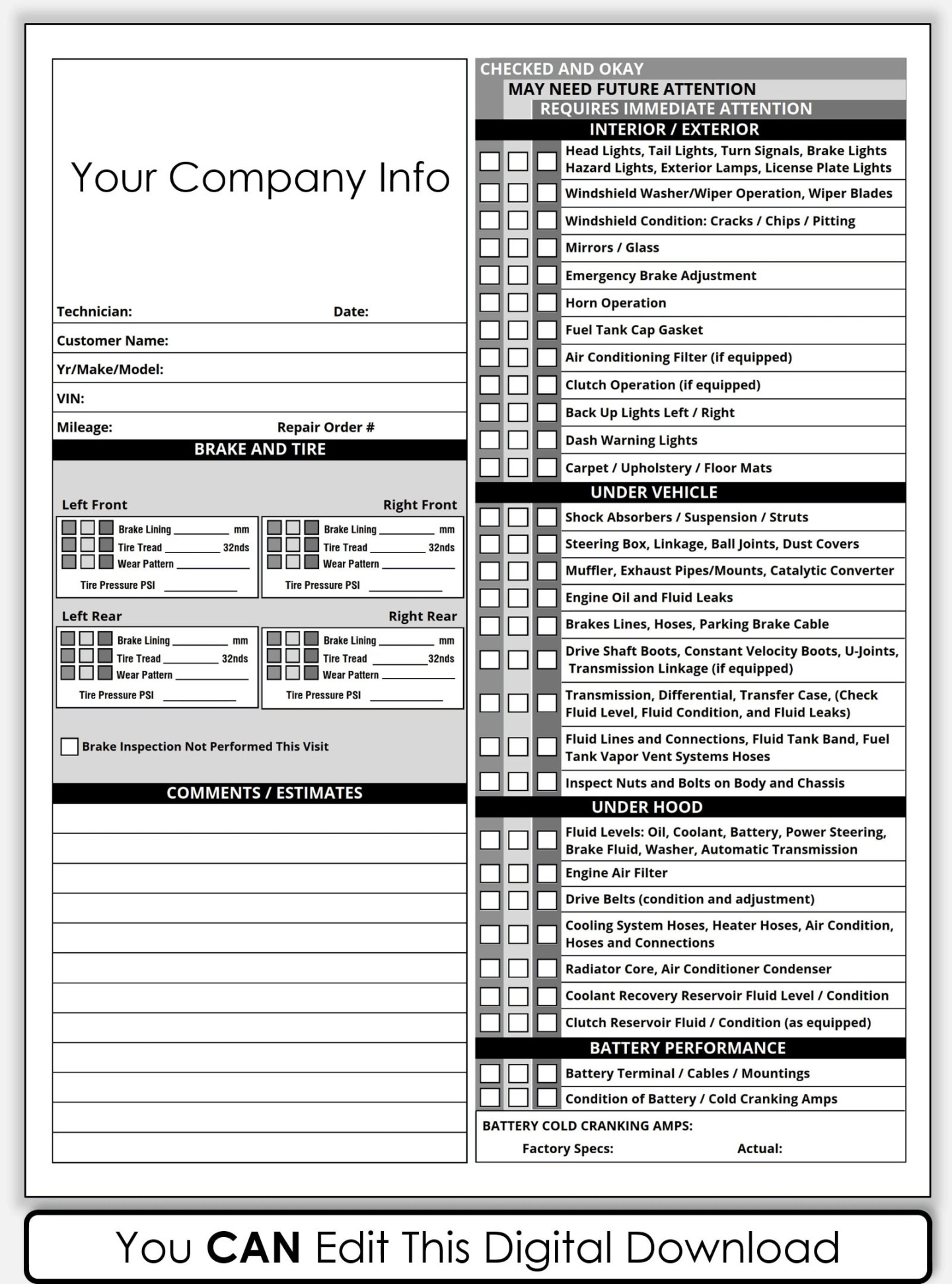 PDF Printable Vehicle Inspection Report, CANVA Template Editable