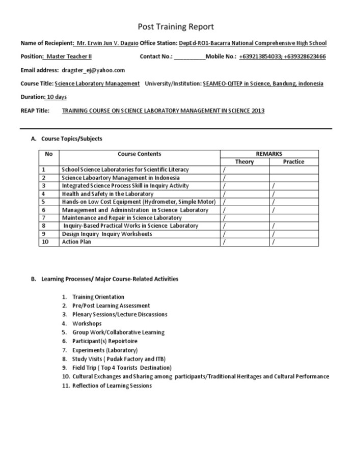 Post Training Report Form  PDF  Laboratories  Inquiry Based