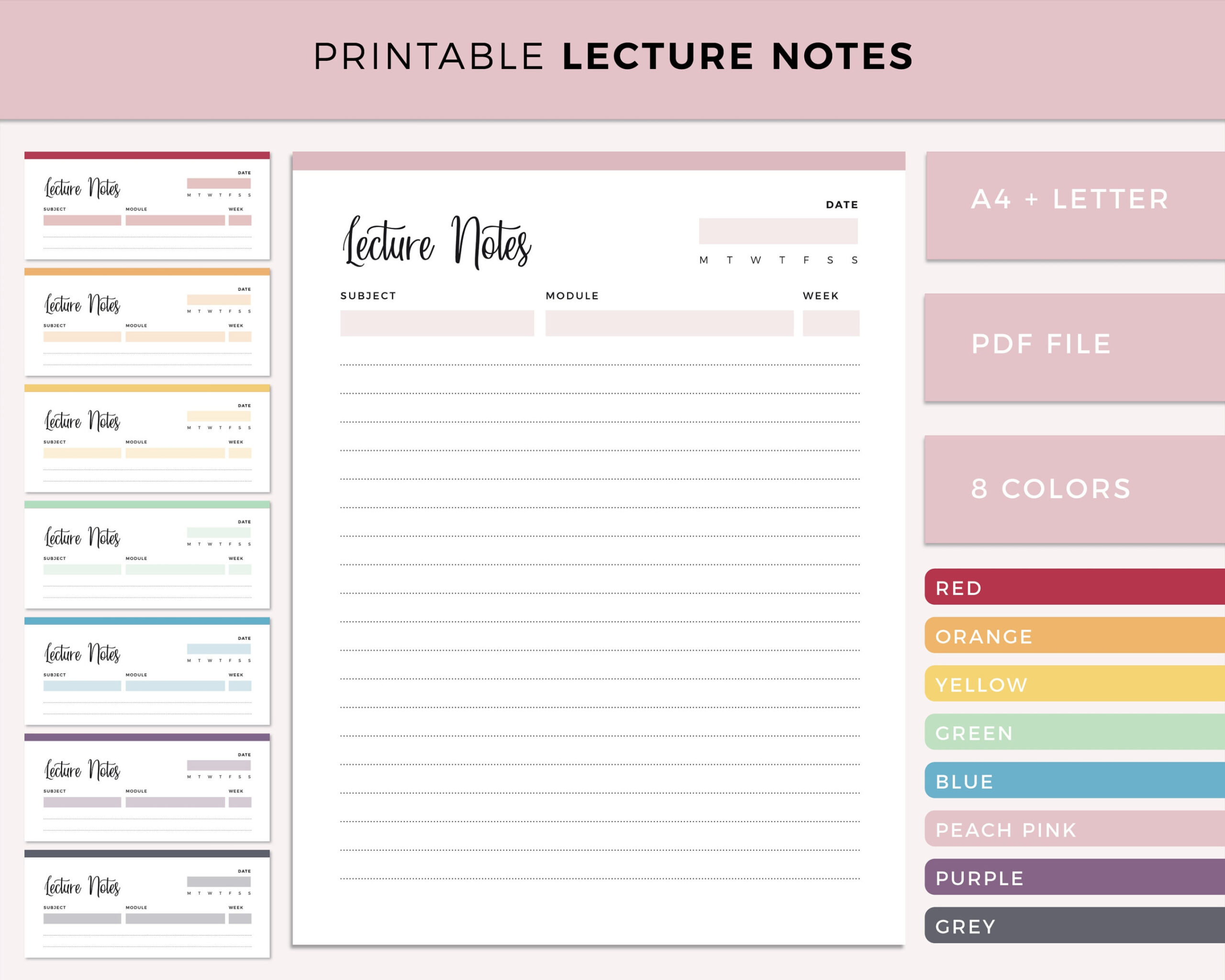 Printable Lecture Notes, Note Taking Template, College Student