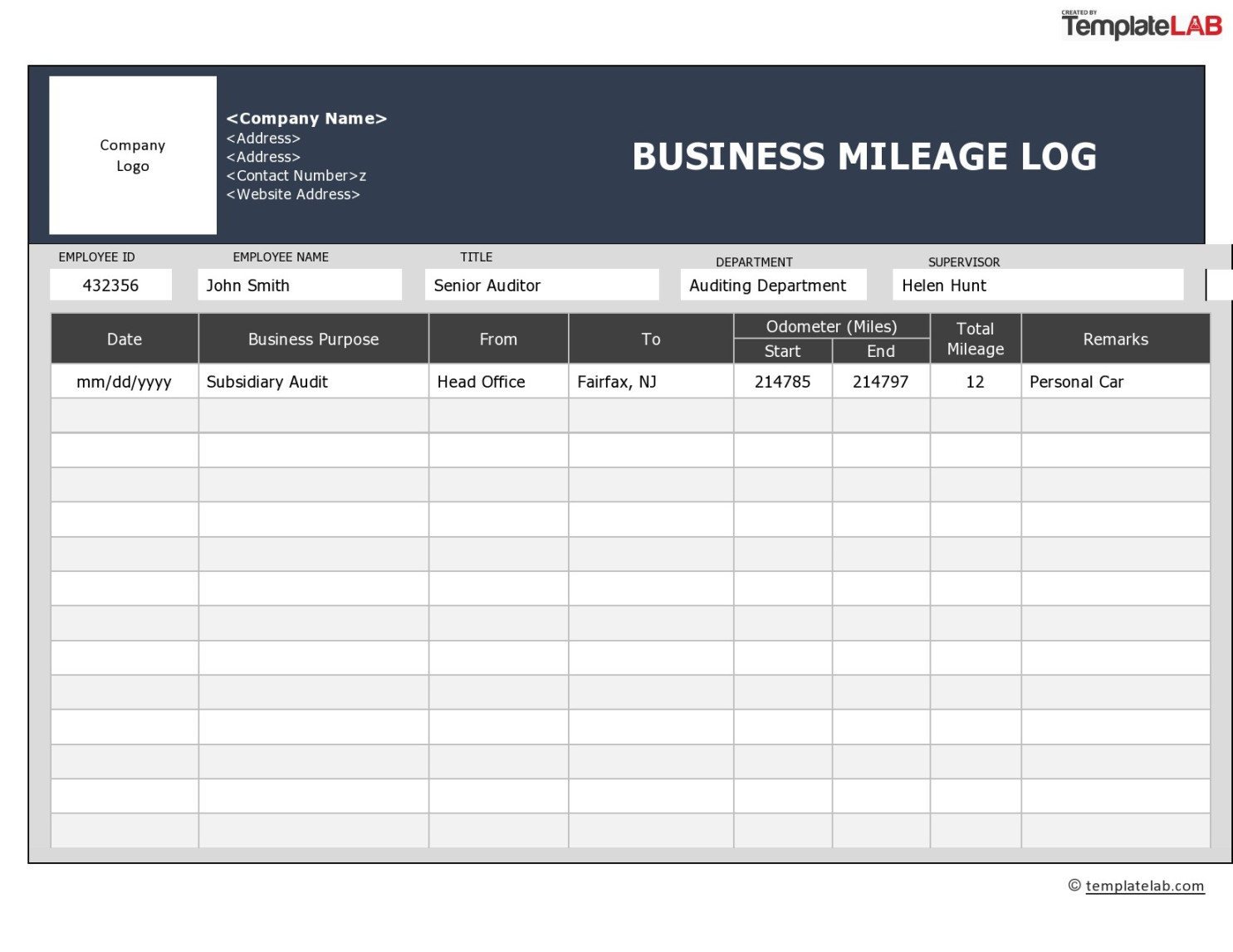 Printable Mileage Log Templates (Free) ᐅ TemplateLab