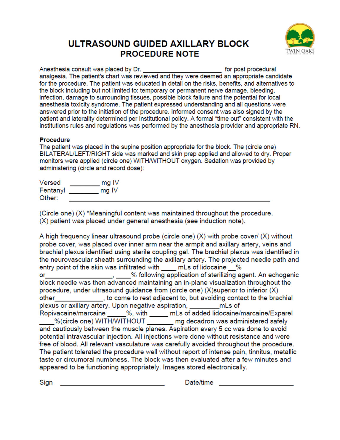 Procedure Notes — CRNA Conferences - Twin Oaks Anesthesia