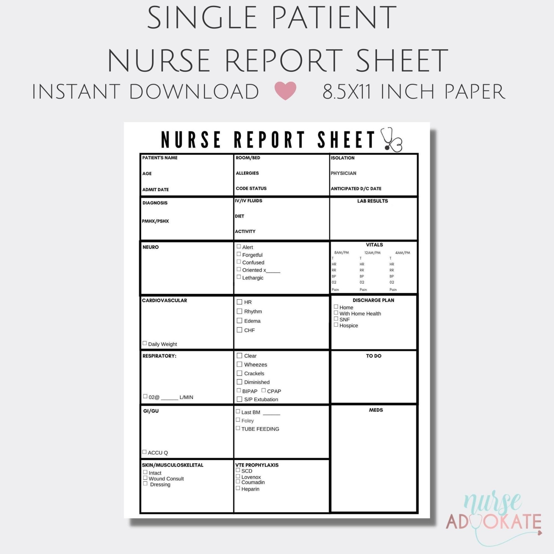 Single Patient Nurse Report Sheet template. SBAR Handoff