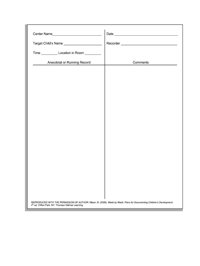 Teacher Anecdotal Notes Template