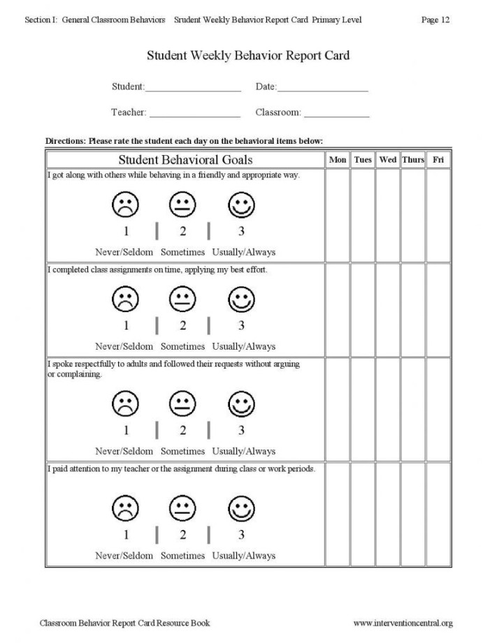 Weekly Behavior Report Template Examples Card Progress Student